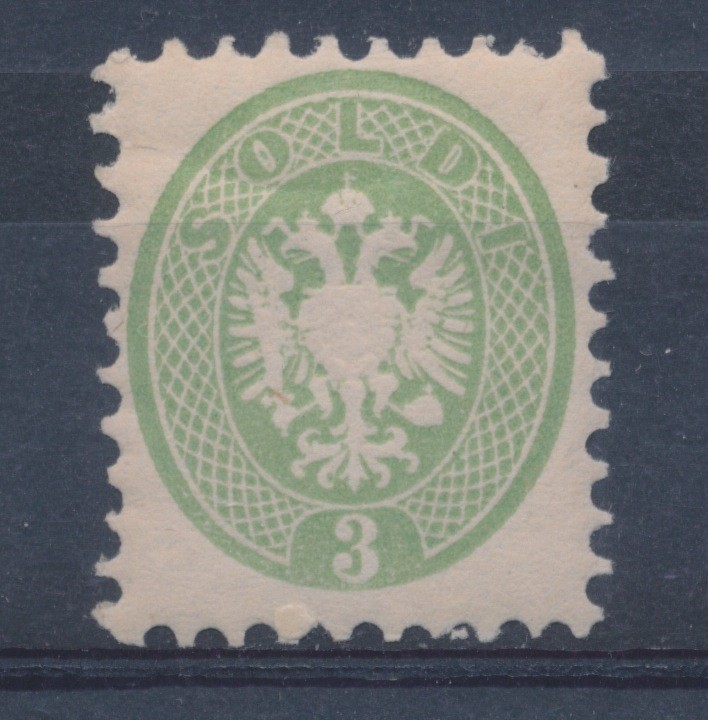 1864 LOMBARD VENETO, No. 42 - 3 money GREEN serrated 9 1/2, original rubber, T.L 1864 LOMBARD VENETO, No. 42 - 3 money GREEN serrated 9 1/2, original rubber, T.L