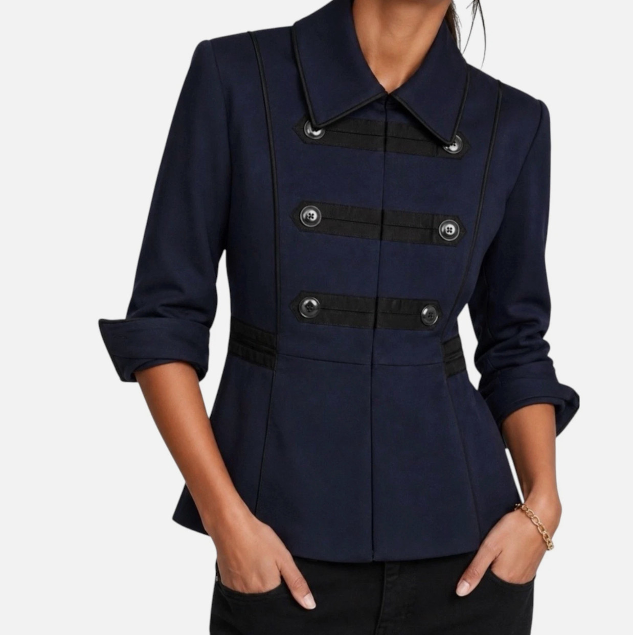 CAbi In The Band 3375 Military Button Jacket Medium Navy Blue Black Pockets NWOT