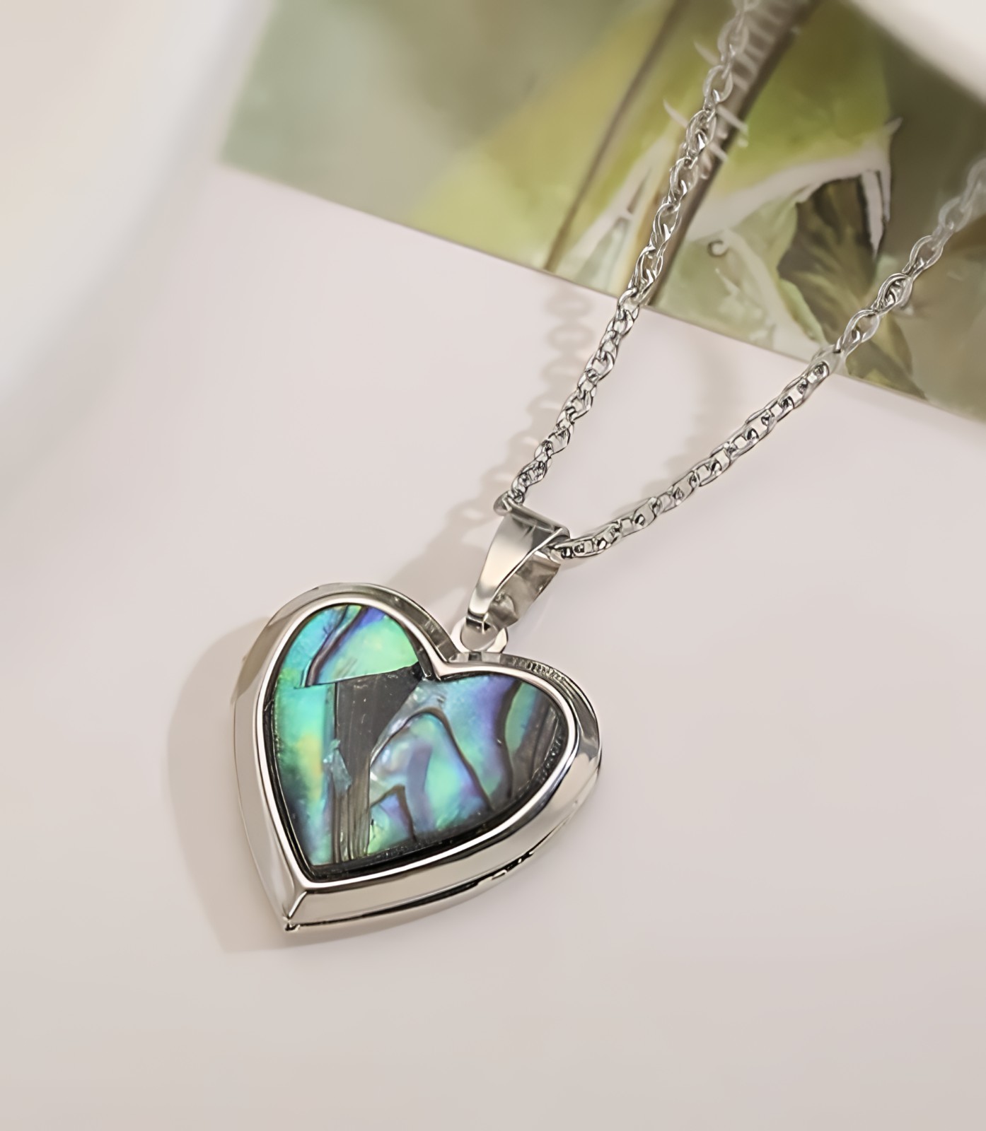 Abalone Shell Heart Locket Necklace — Silver Tone Vintage Photo Pendant