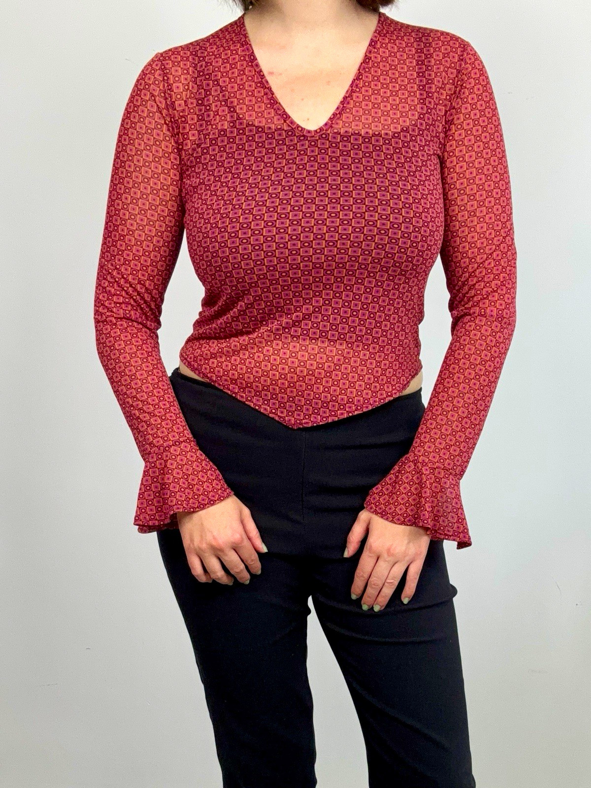 Y2K red & orange geometric mesh sheer V-neck bell sleeve ruffle top, Size S Y2K red & orange geometric mesh sheer V-neck bell sleeve ruffle top, Size S