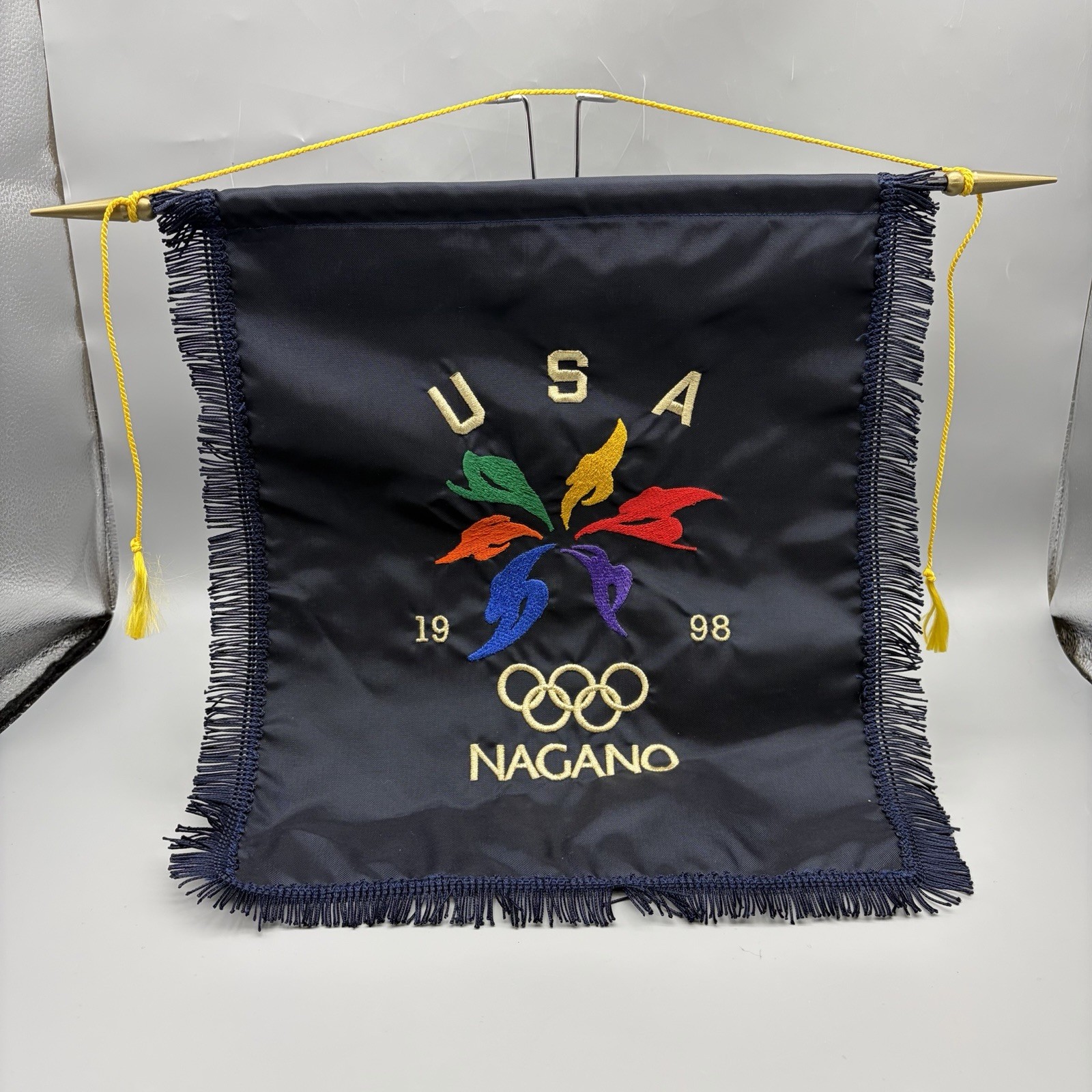 VTG 1998 Nagano Winter Olympics Banner Wall Flag Team USA Gold & Black 13\