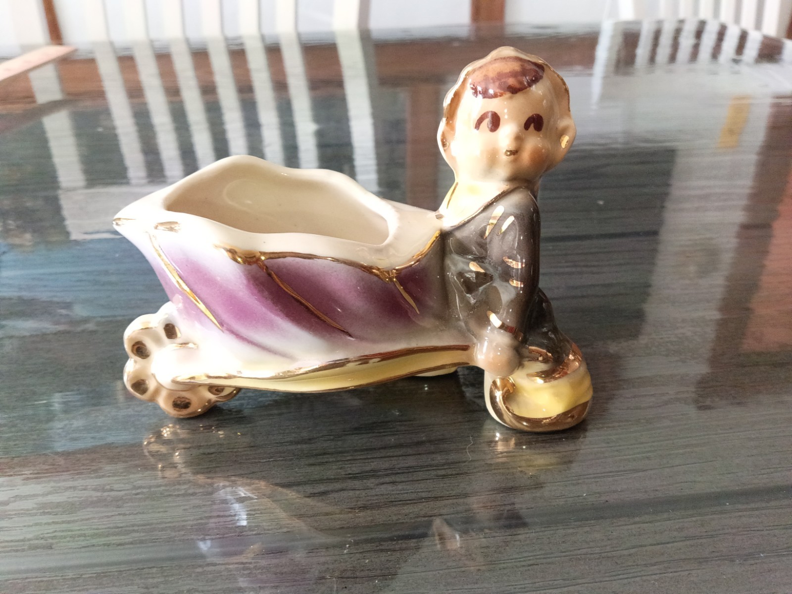 Vintage Ceramic Shawnee Pixie Elf with Flower Leaf Wheelbarrow Pottery Planter