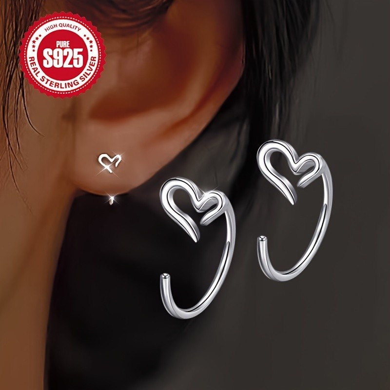 New Women\'s 925 Silver Plated Heart-Shaped Hollow Hoop Earrings Hypoallergenic
