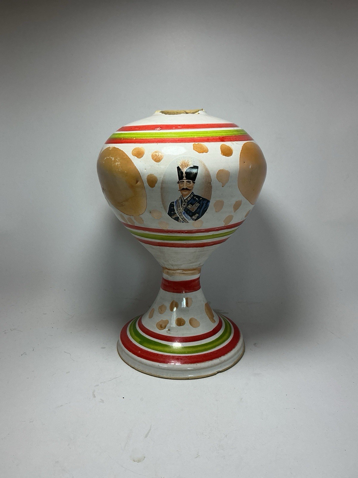 Antique Persian Qajar Pottery Ceramic Oil Lamp Base / Vase - Nasser al-Din Shah