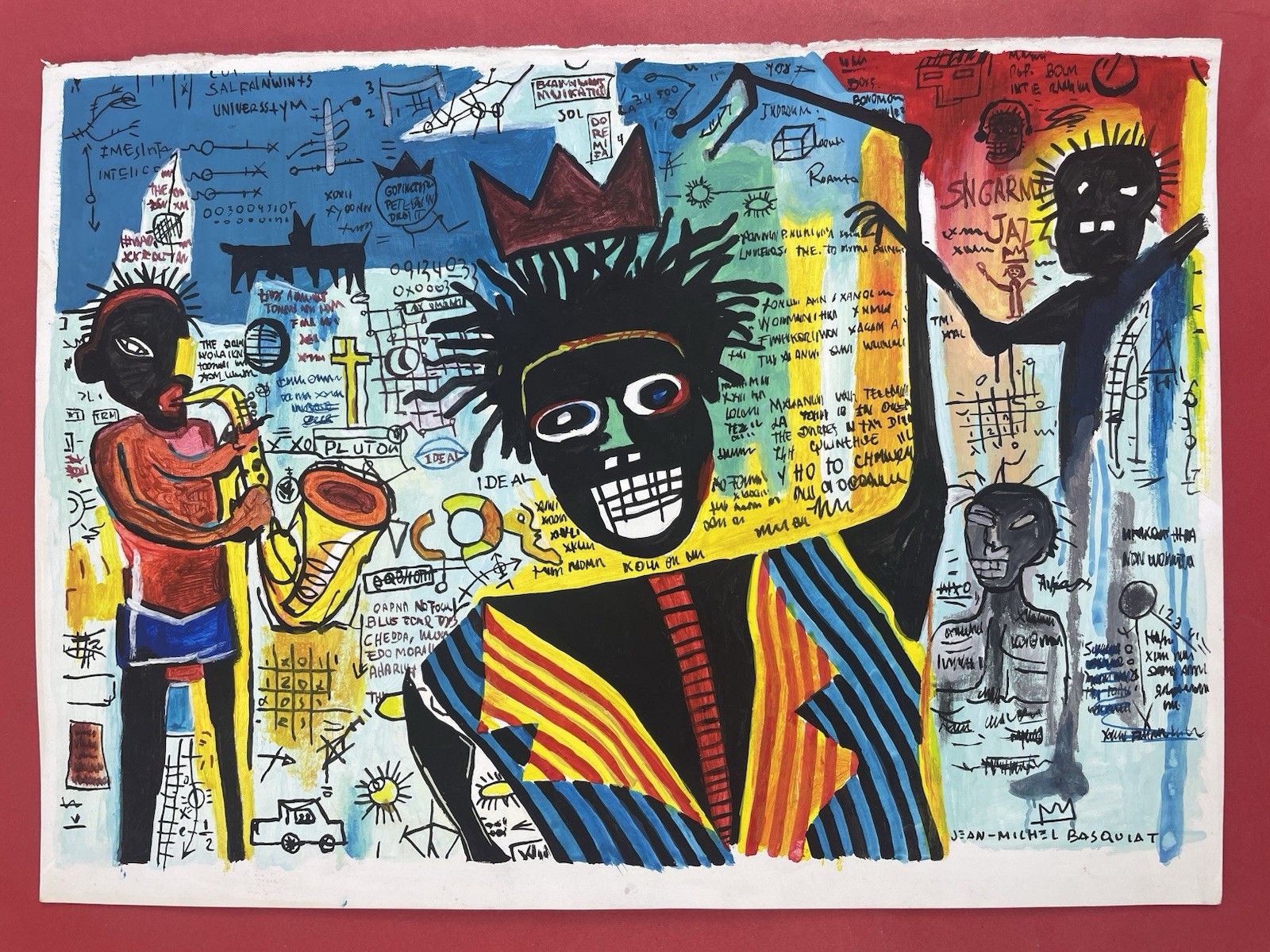 Jean-Michel Basquiat Drawing and painting on old paper signed stamped vintage