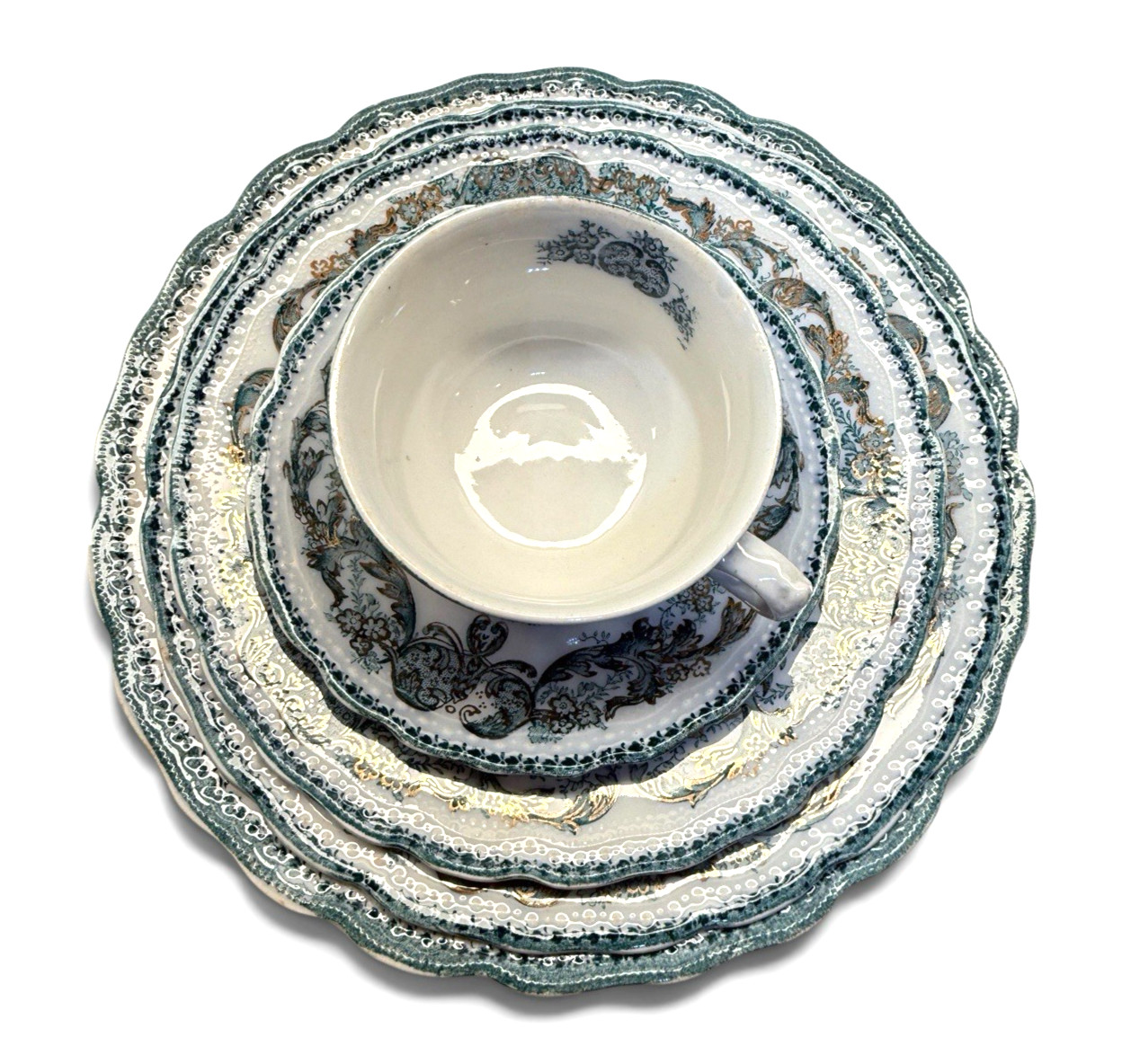 Antique Wood & Son Madras Teal Transferware 76 Pc Dinnerware Set c 1907 Stunning