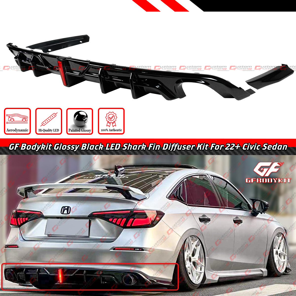 FOR 22-26 HONDA CIVIC SEDAN GF BODYKIT GLOSS BLACK LED REAR BUMPER DIFFUSER KIT FOR 22-26 HONDA CIVIC SEDAN GF BODYKIT GLOSS BLACK LED REAR BUMPER DIFFUSER KIT