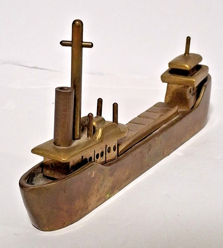 Unusual Brass Great Lakes Cargo Ship Paperweight Model 7\