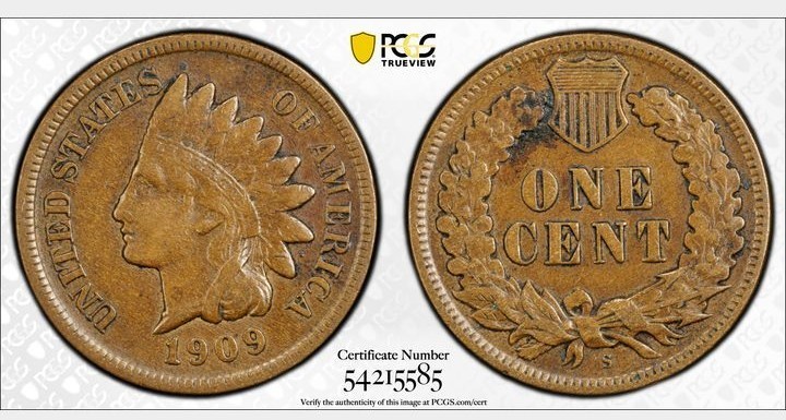 1909-S 1c Indian Head Cent PCGS VF30 Key Date Gold Shield