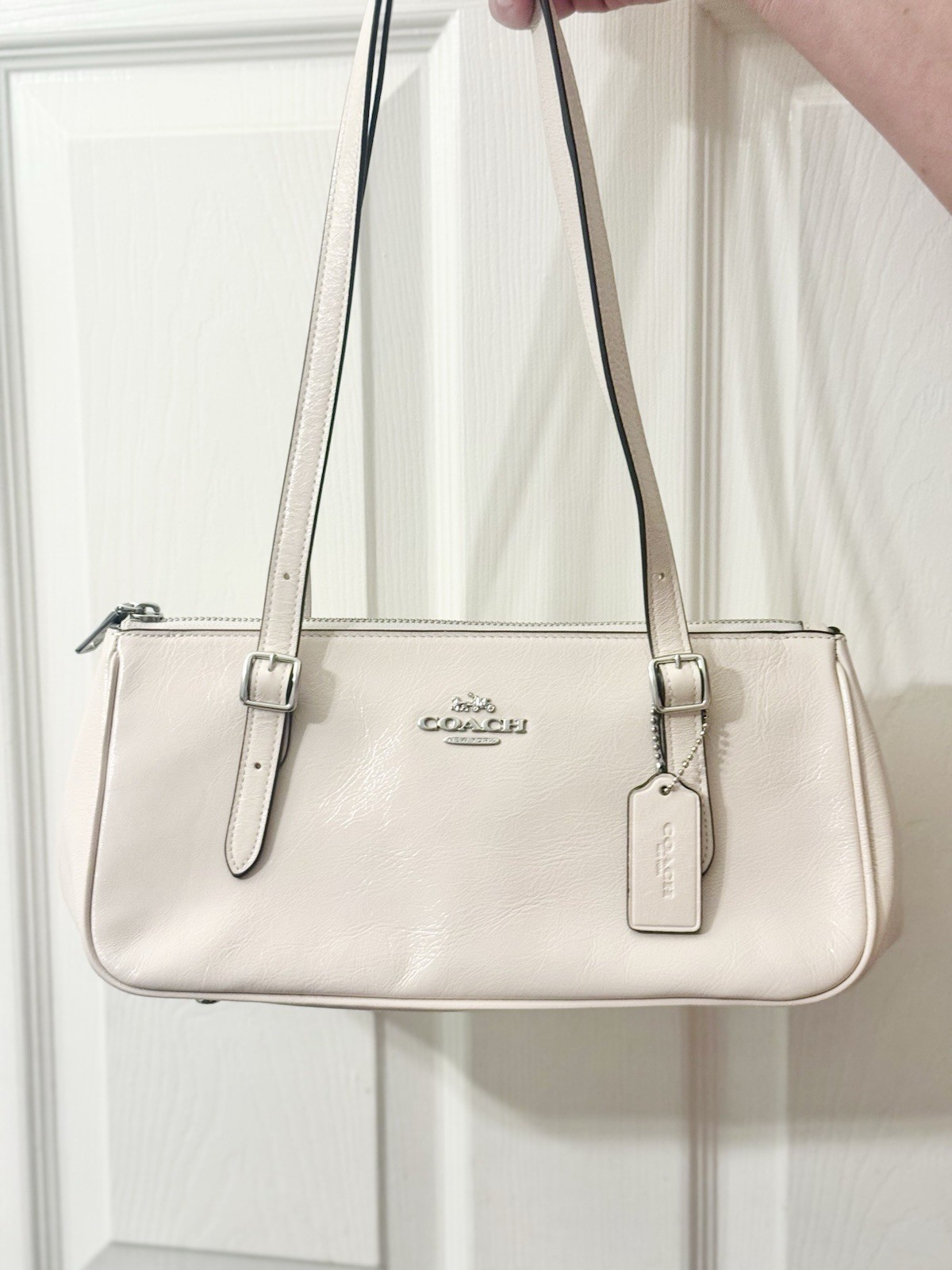 Coach CBJ05 Glazed Leather Asher Shoulder Bag Handbag Chalk Silver
