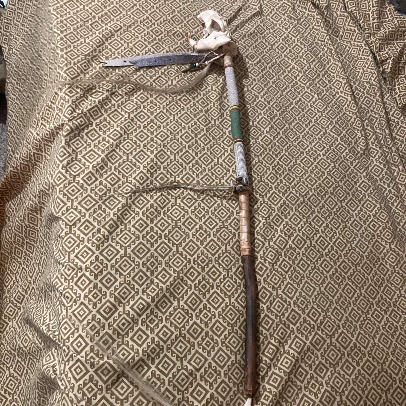 Native Ceremonial Talking/Dance Stick Full Beaver Skull With Moving Jaw Bone
