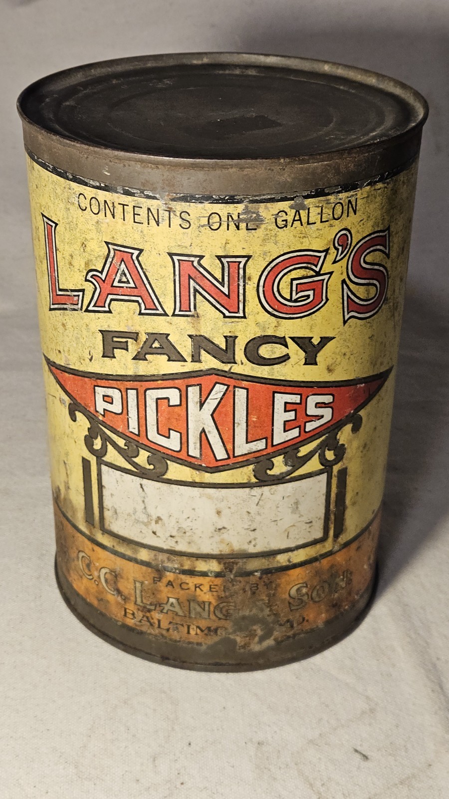 Vintage Lang's Fancy Pickles TIn Can One Gallon Baltimore MD C. C. Lang & Sons Vintage Lang's Fancy Pickles TIn Can One Gallon Baltimore MD C. C. Lang & Sons