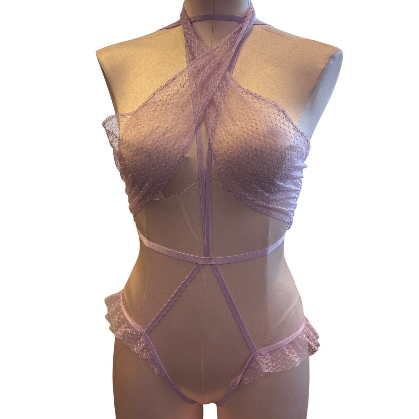 Victoria\'s Secret Lavender Purple Dobby Mesh Strappy Ruffle Teddy Bodysuit S NWT