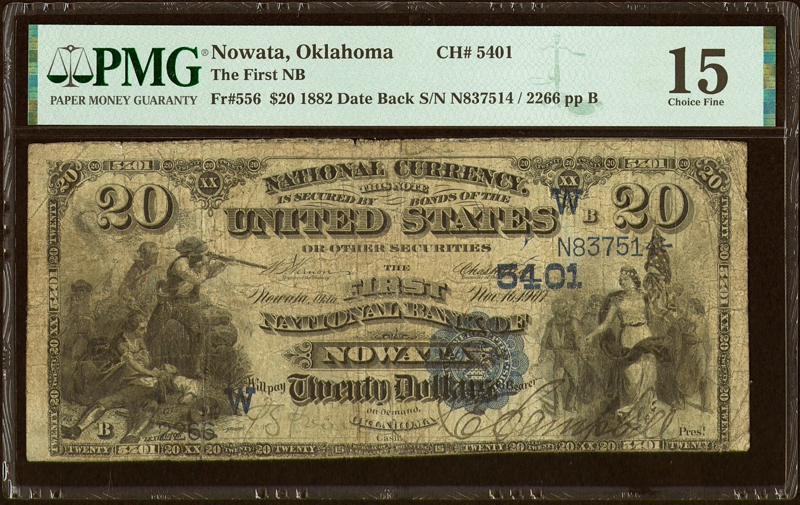 RARE $20 1882 Date Back Note Nowata OK Nat\'l Bank Ch# 5401 Large Size