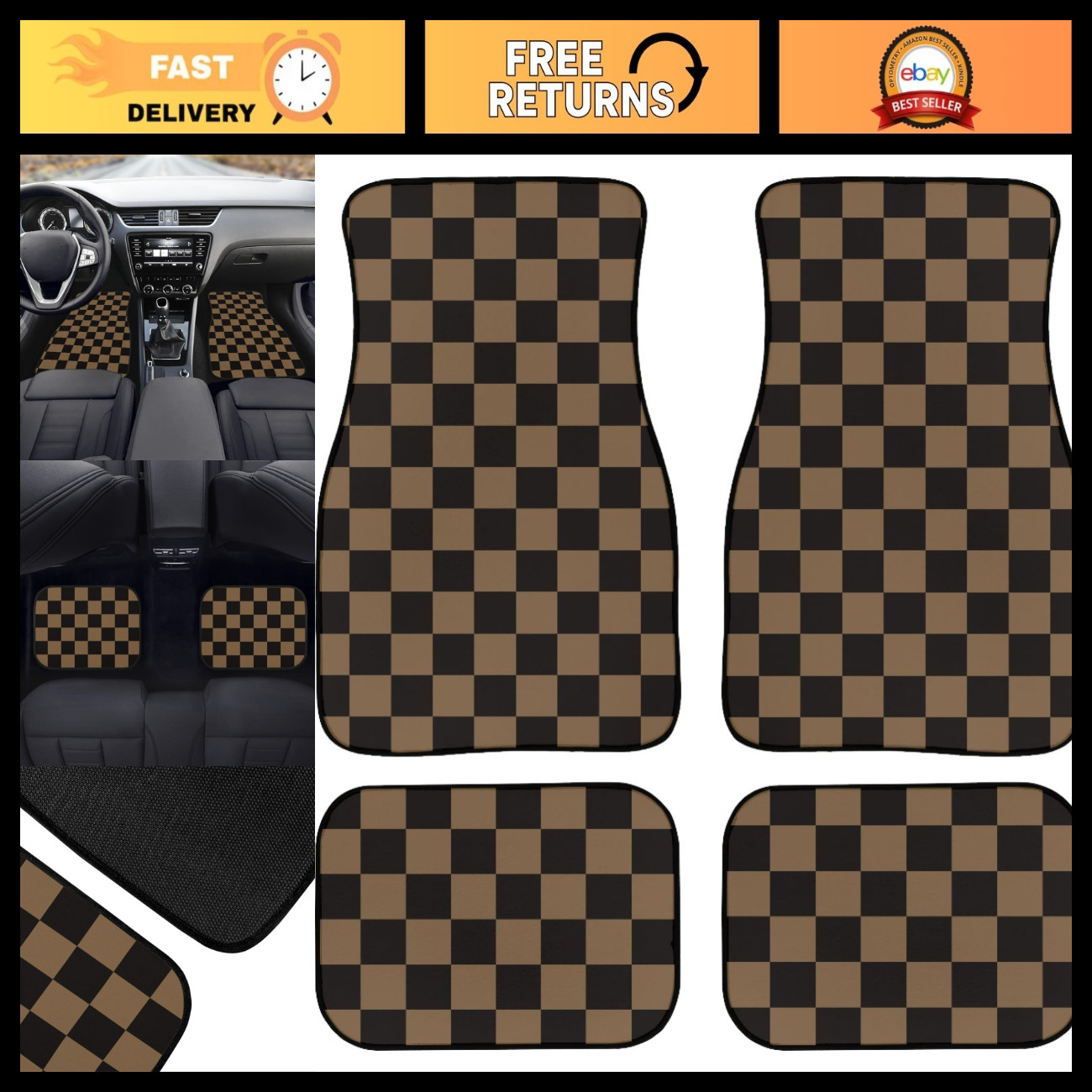 Checkered Car Mats Set of 4 - Vintage Black Brown Floor Rugs for Cars, Trucks &