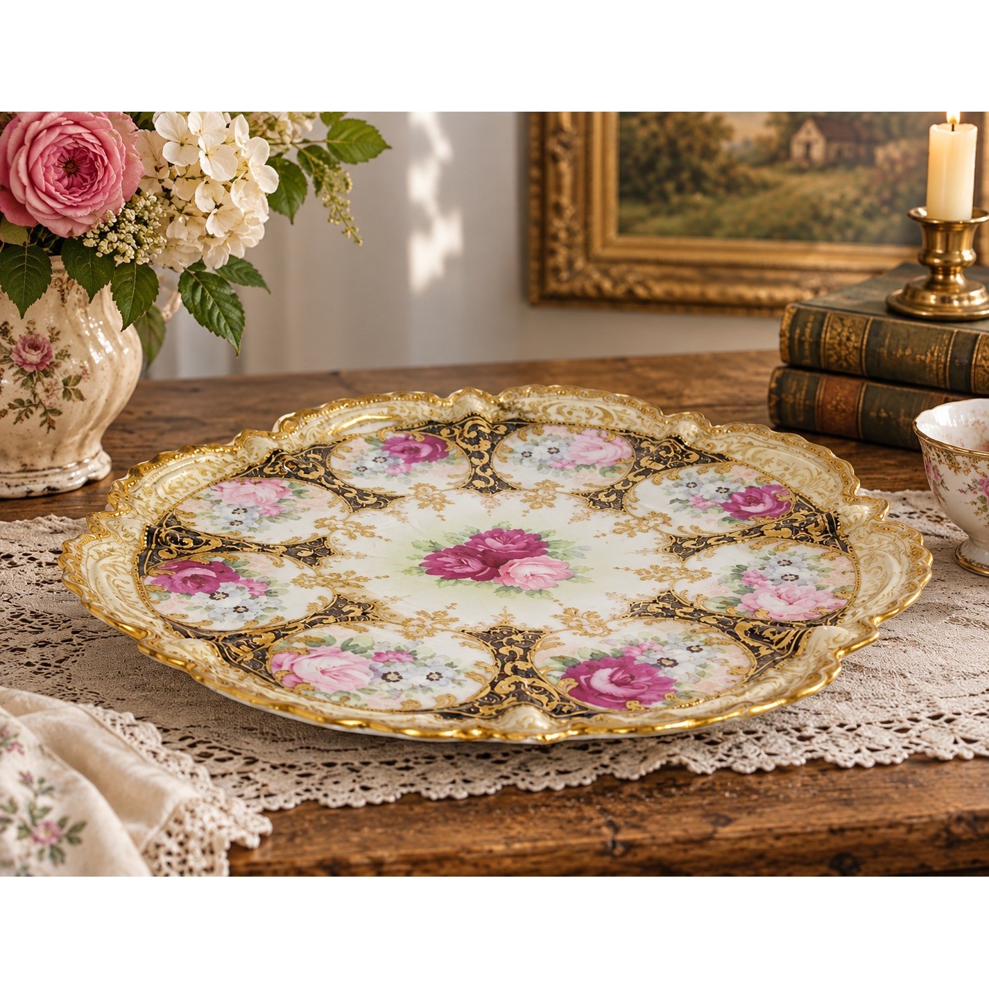 Antique Nippon Hand Painted Cake Plate Pink Roses Gold Moriage Platter Handle