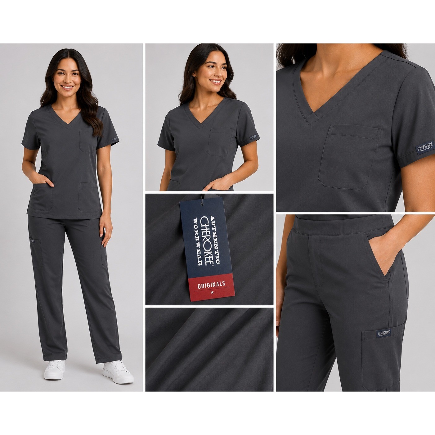 Cherokee Workwear Originals Women Grey Scrub Set Top and Pants Size Large NWT