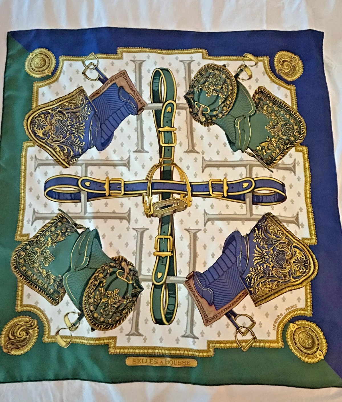  Hermes Selles a Housse silk twill carre scarf in green and blue 90cm