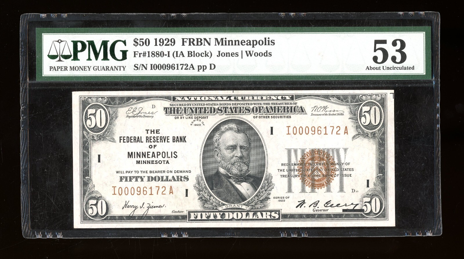 DBR 1929 $50 FRBN Minneapolis Fr. 1880-I PMG 53 Serial I00096172A