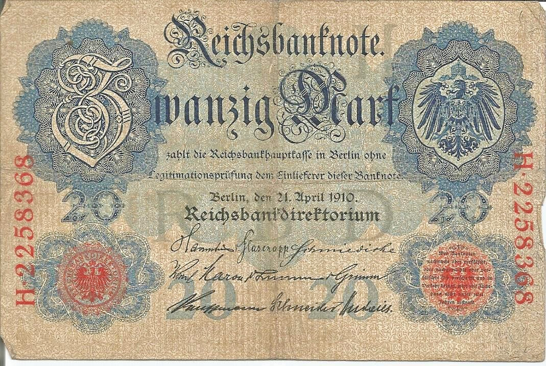 Germany 20 Mark 1914 Banknote – Imperial Era – Pre-WWI Currency CIR. #44 Germany 20 Mark 1914 Banknote – Imperial Era – Pre-WWI Currency CIR. #44