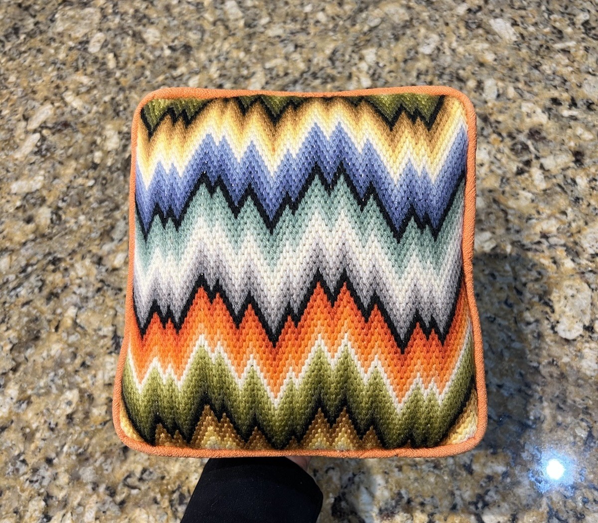 Vintage MCM Pillow Rainbow Zig Zag Mid Century Modern Wavy Cross Stitched 9” WOW