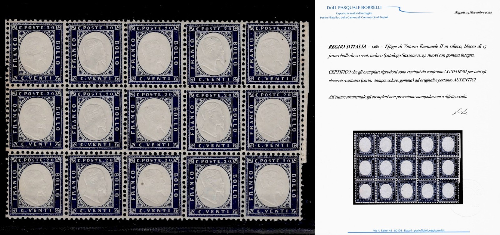 1862 - c. 20 SERRATED, BLOCK of 15 with INTEGRAL RUBBER and BDF, MNH. Certificate