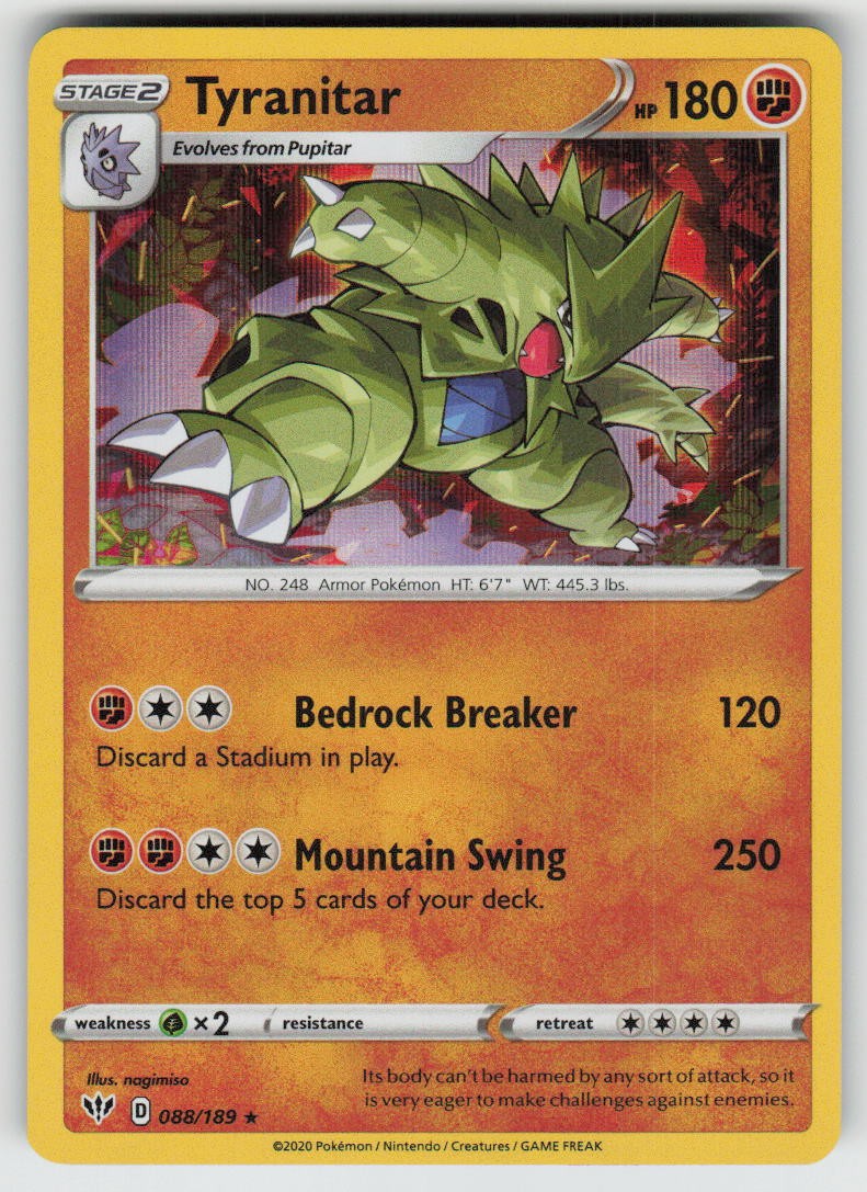 Holo Tyranitar 088/189 Rare Darkness Ablaze Near Mint Holo Tyranitar 088/189 Rare Darkness Ablaze Near Mint