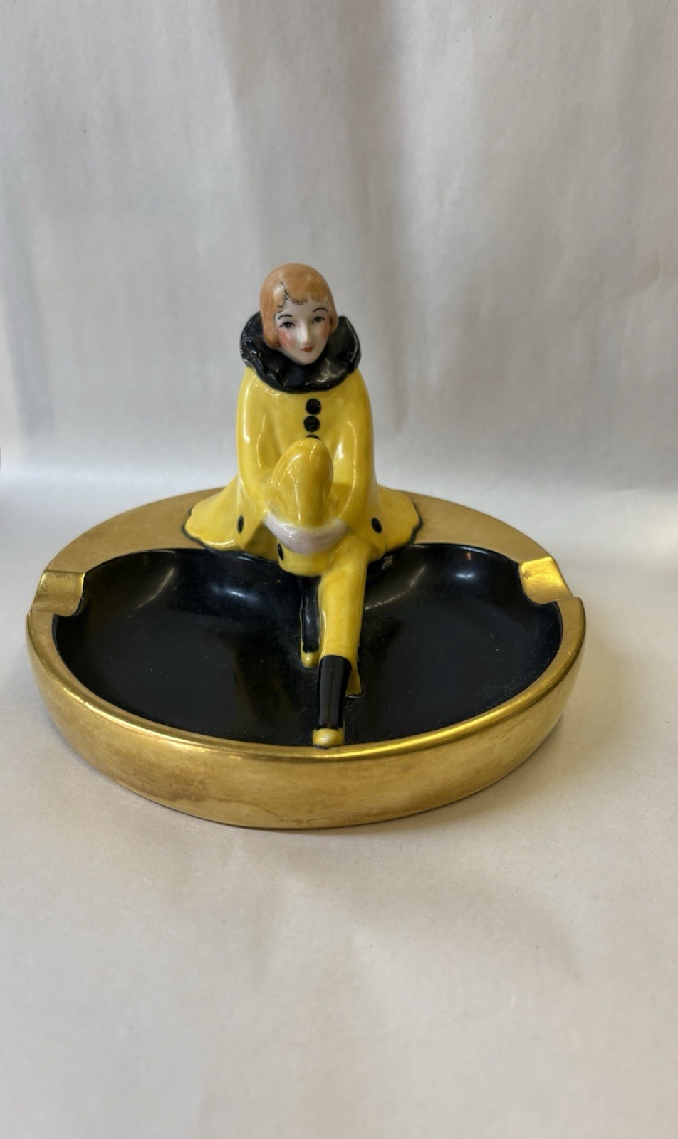 Exquisite Antique PORCELAIN PIERROT CLOWN ART DECO ASHTRAY Signed