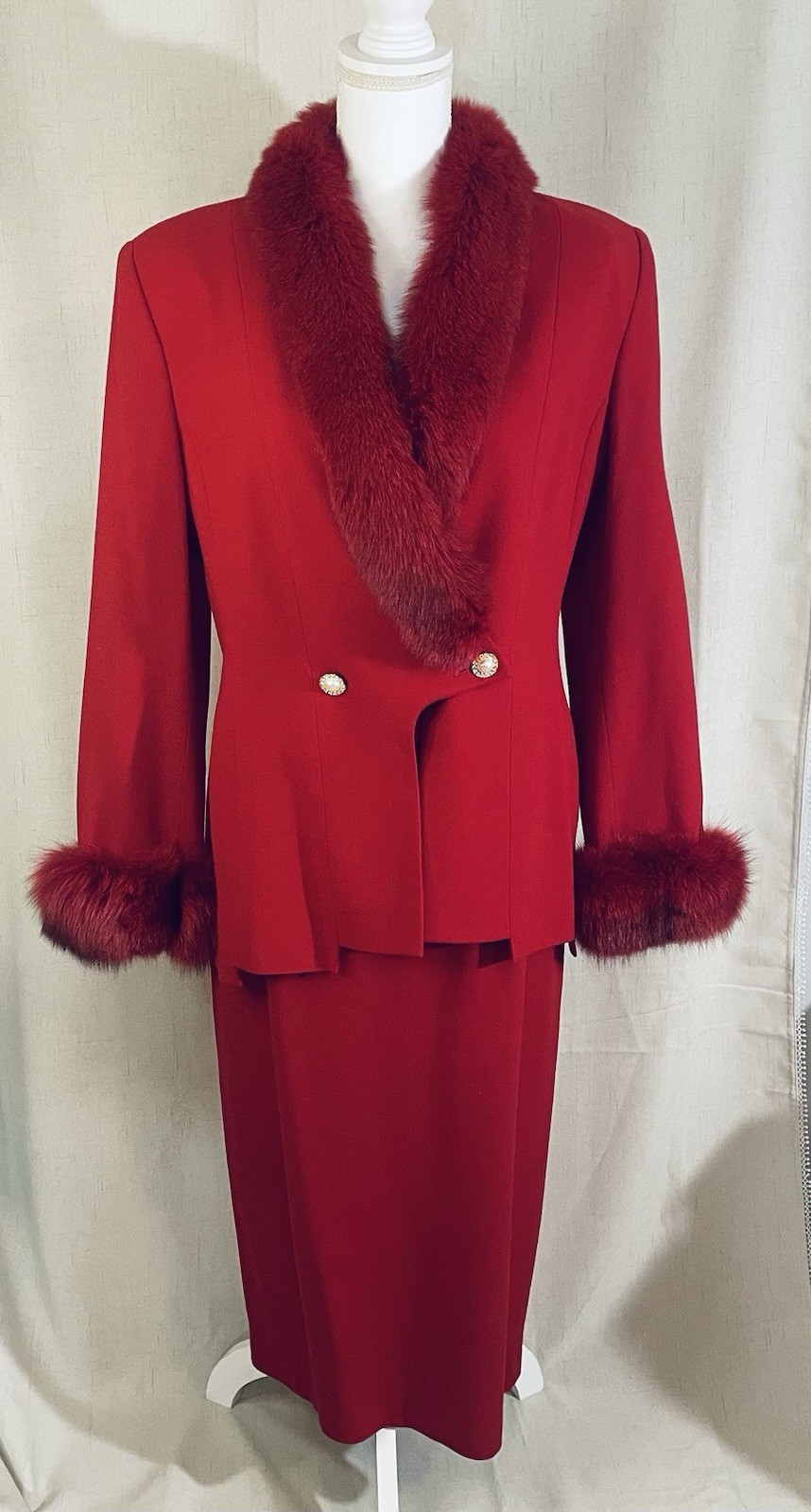 Vtg Roma DeLana Red Wool Skirt Suit Fur Collar Mob Wife Glam 1980s - Size 10