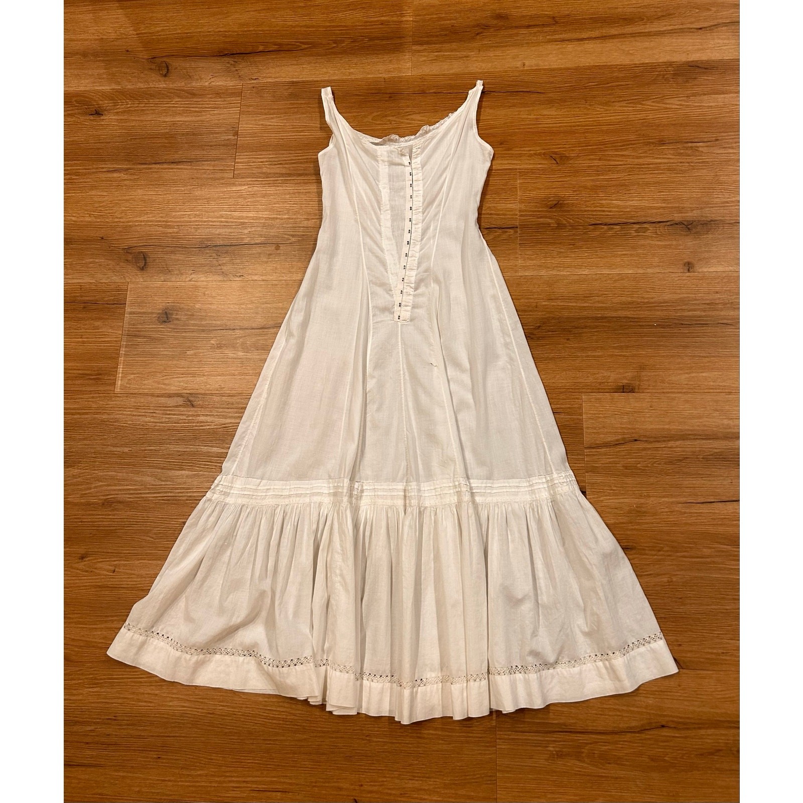 Antique Edwardian White Cotton Slip Dress Petticoat XS Hook Eye 1900s AS IS ^