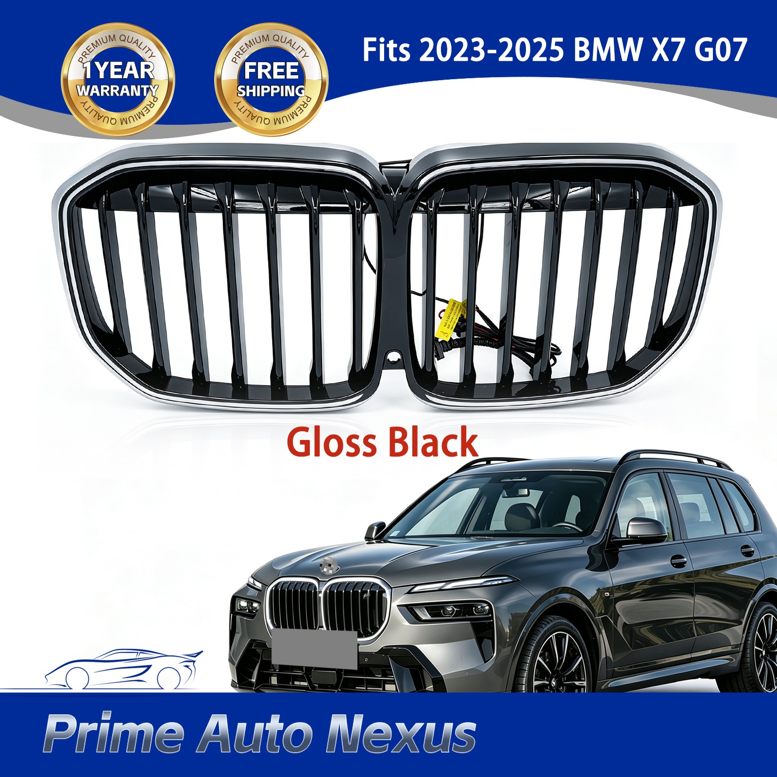 Fits For 2023-2025 BMW X7 G07 LCI Front Bumper Grille w/LED Light Gloss Black