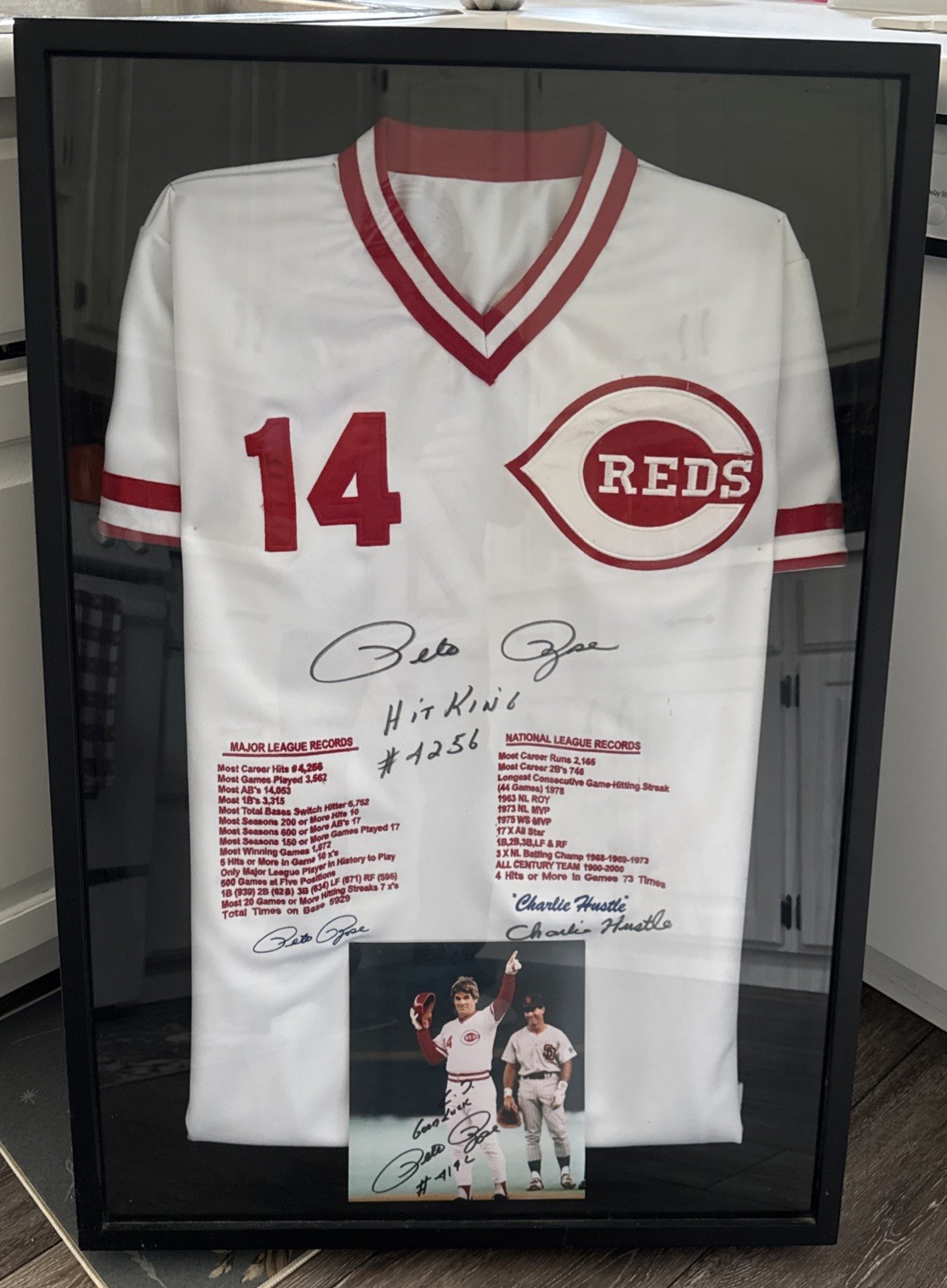 Custom-framed Cincinnati Reds Pete Rose  Autographed Stat Jersey And Photo