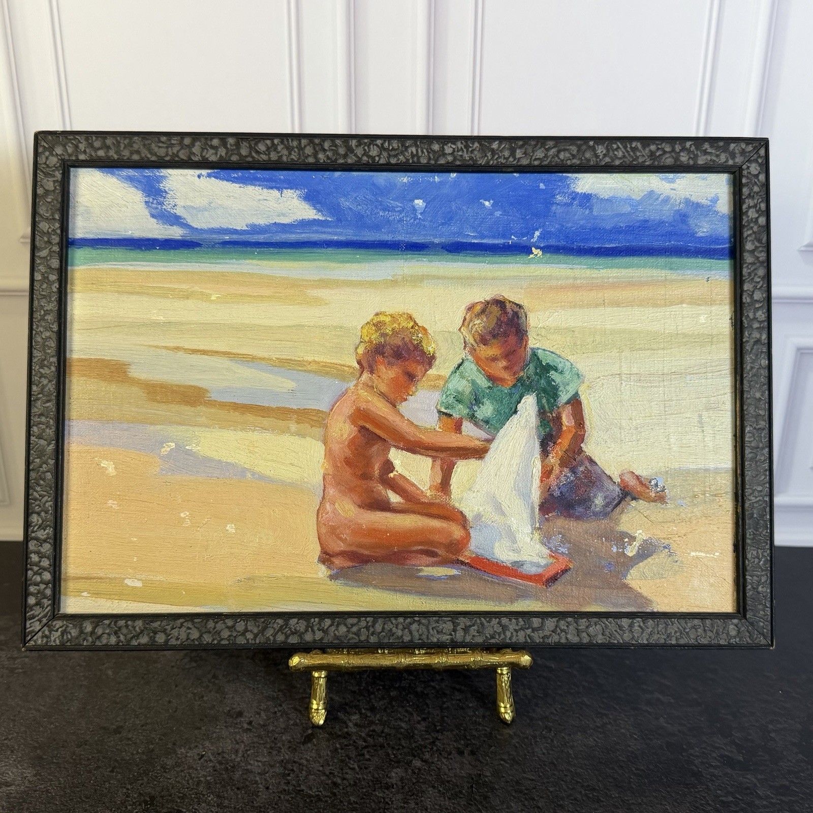 Original Oil On Board Painting - Beach Scene With Children - Unsigned-12in X 8in Original Oil On Board Painting - Beach Scene With Children - Unsigned-12in X 8in