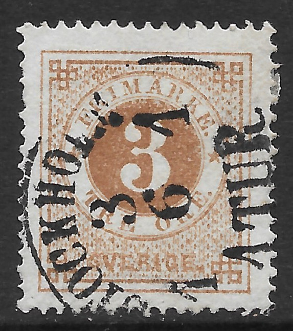 SWEDEN SCOTT 17 USED VF - 1872 3o BISTER BROWN ISSUE - NUMERAL OF VALUE