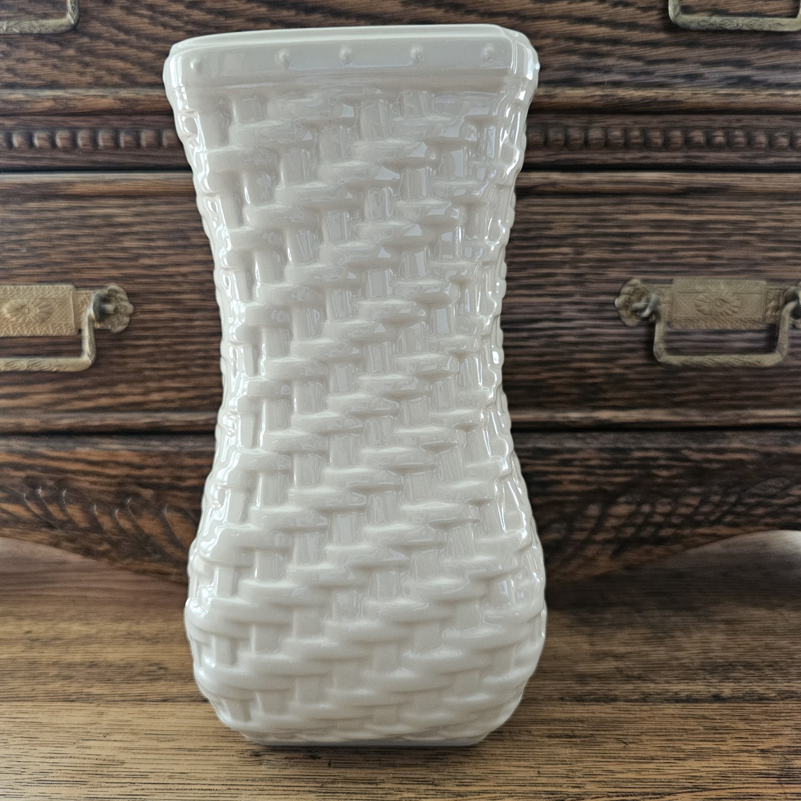 Longaberger Pottery Woven Reflections Small Ivory Cream Vase Square NIB Longaberger Pottery Woven Reflections Small Ivory Cream Vase Square NIB