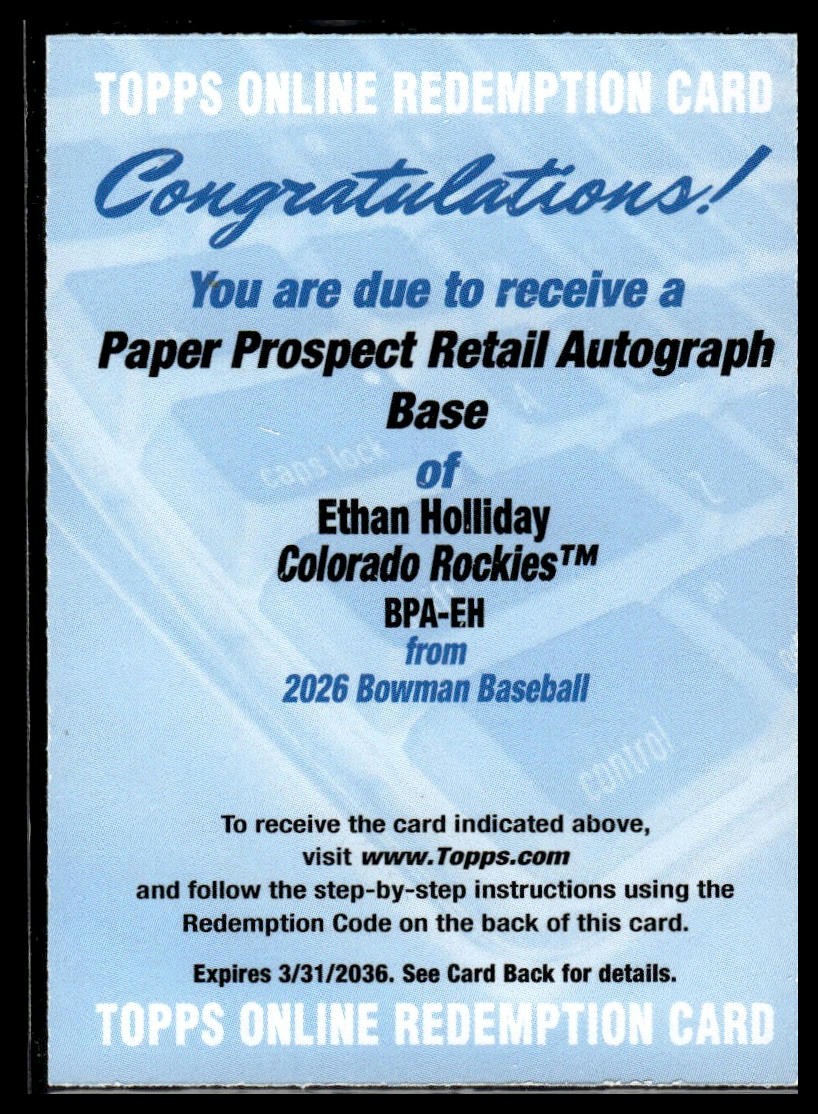 2026 Bowman #BPA-EH Ethan Holliday Prospect Autographs