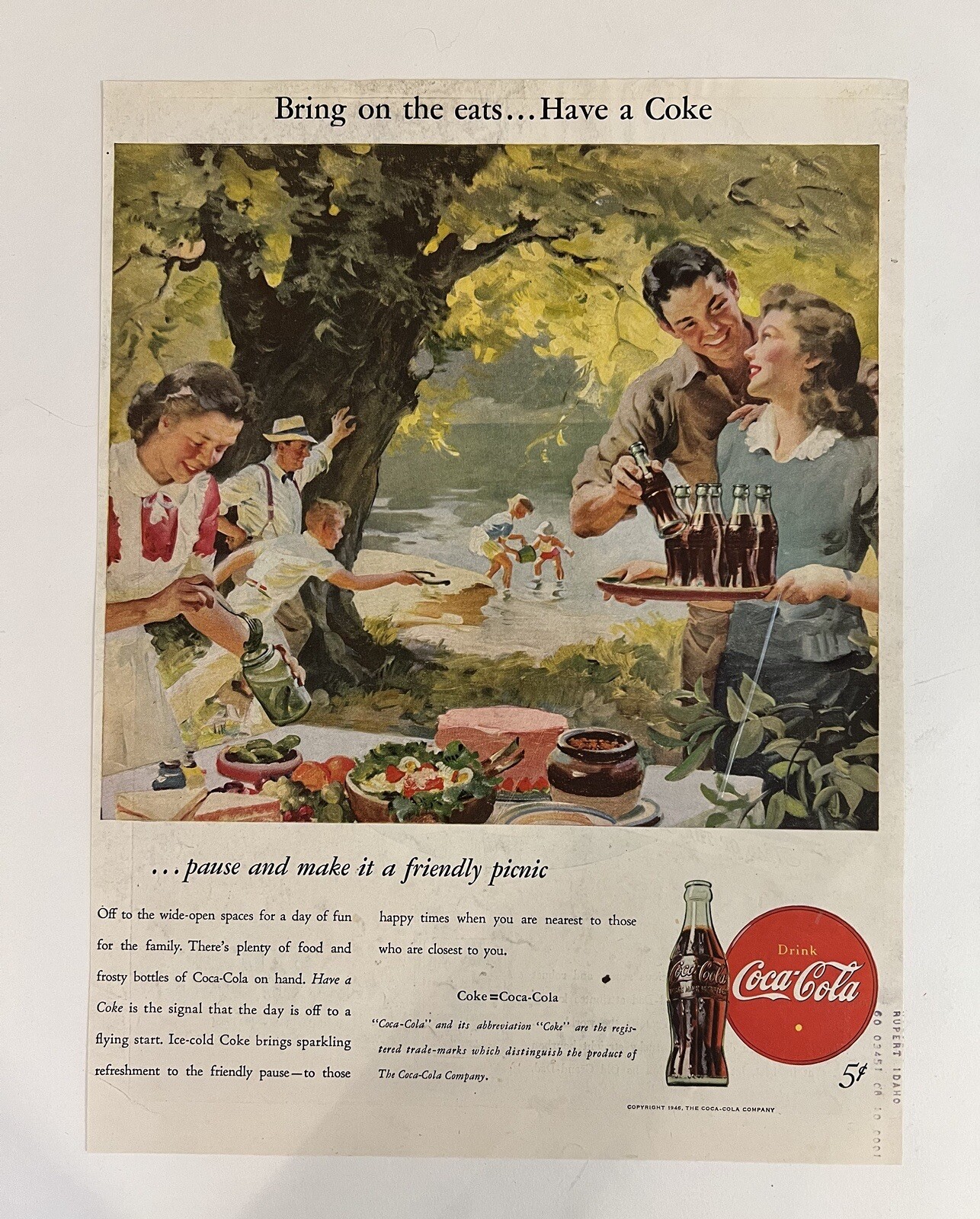 Coca-Cola 1946 Print Ad 10x13 Mid Century Picnic Family Coca-Cola 1946 Print Ad 10x13 Mid Century Picnic Family