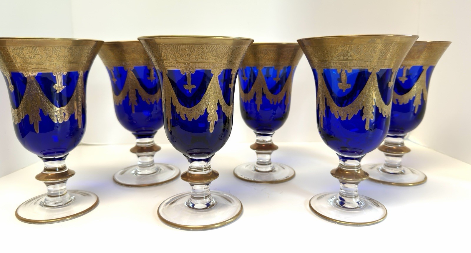 Vintage Arte Italica Medici COBALT BLUE GOLD TRIMMED 6 Water Glasses 6 3/8\ Vintage Arte Italica Medici COBALT BLUE GOLD TRIMMED 6 Water Glasses 6 3/8\