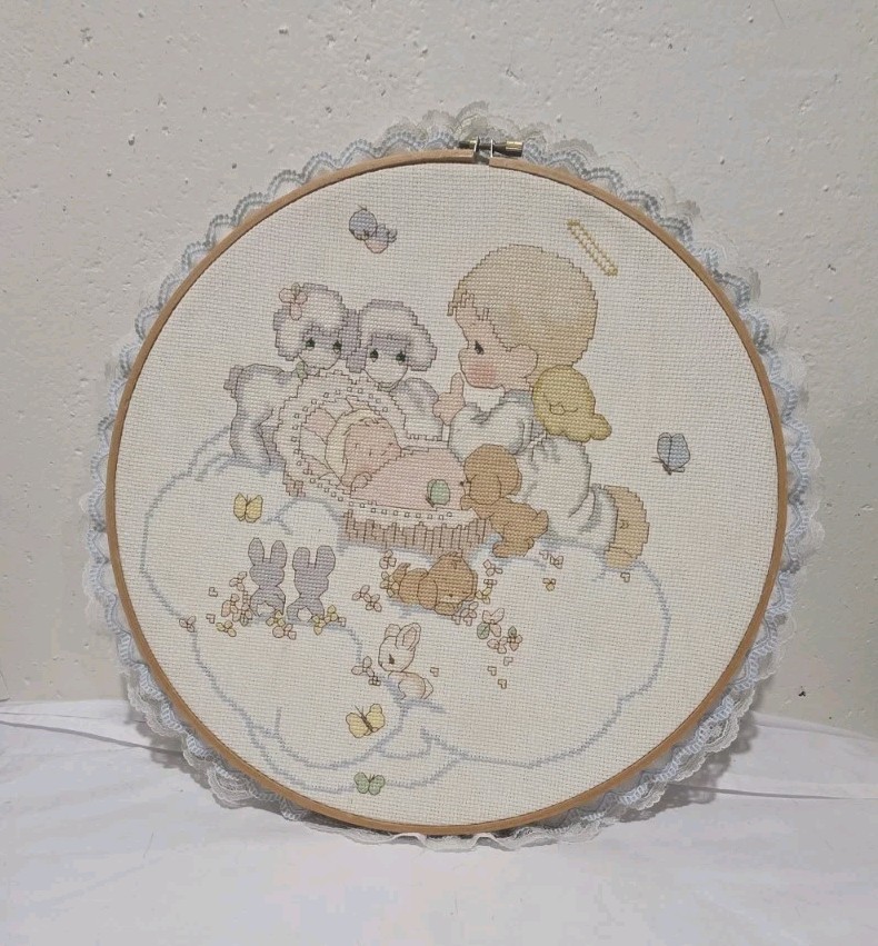 Vintage Precious Moments Cross Stitch Wooden Hoop Lace Detailing Love Lifted Me Vintage Precious Moments Cross Stitch Wooden Hoop Lace Detailing Love Lifted Me