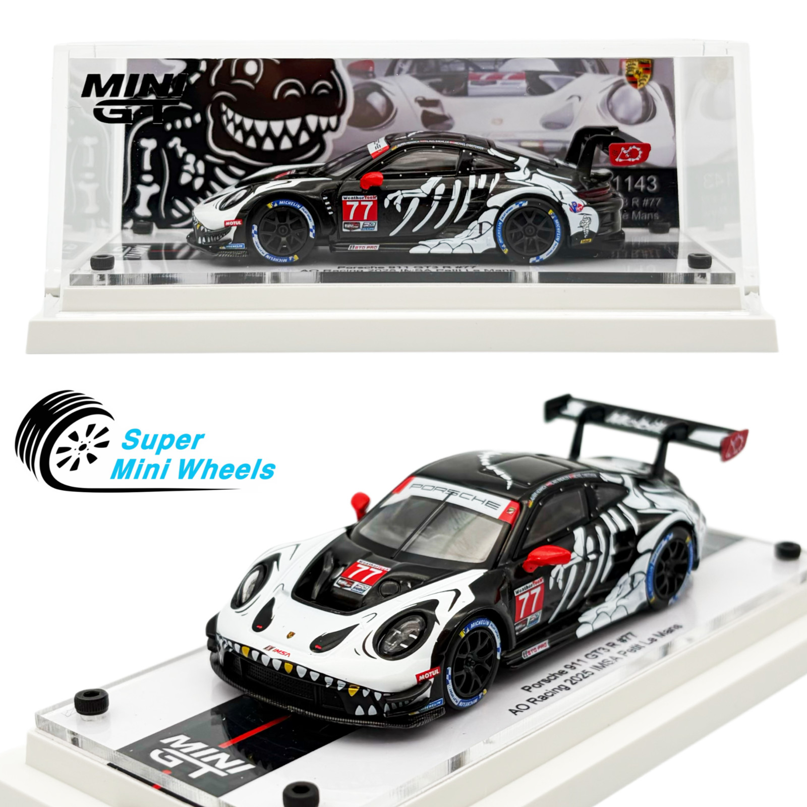 Custom Mini GT Porsche 911 GT3 R #77 AO Racing 2025 IMSA #1143 with Display Case Custom Mini GT Porsche 911 GT3 R #77 AO Racing 2025 IMSA #1143 with Display Case