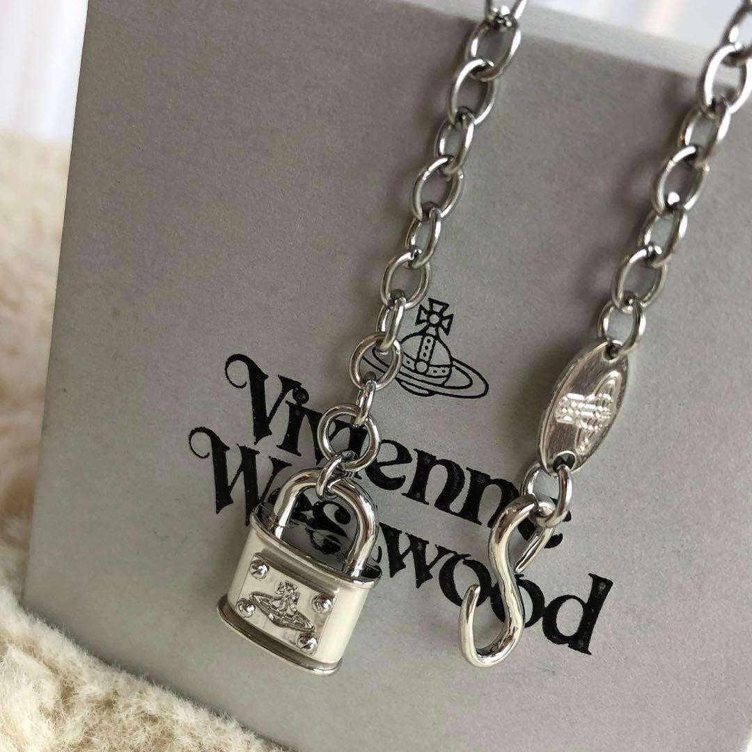Vivienne Westwood Orb Padlock Chain Silver Necklace choker Lock with drawstring