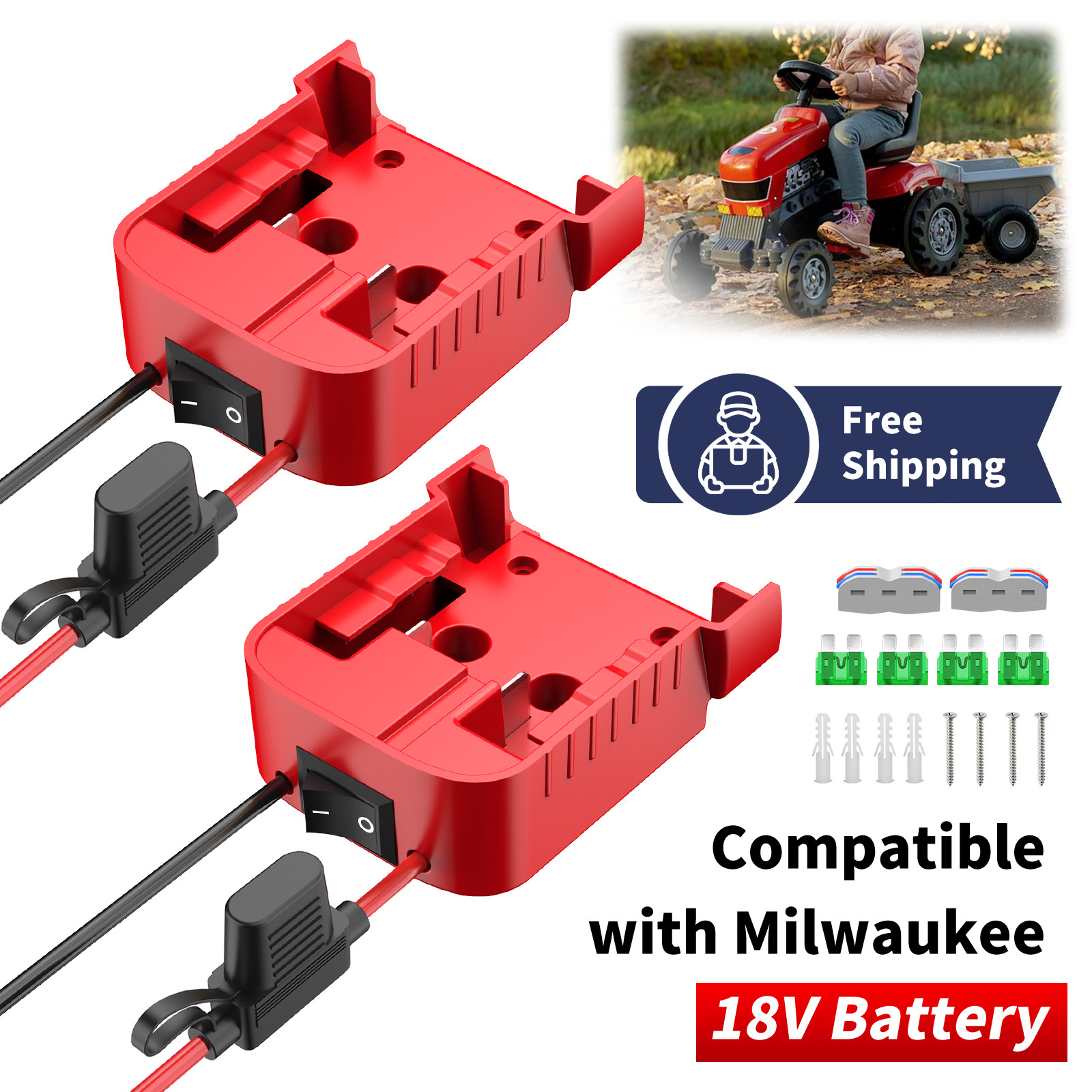 2-Pcs Power Wheels Adapter for Milwaukee 18V Battery DIY Upgrade Fuse Switch