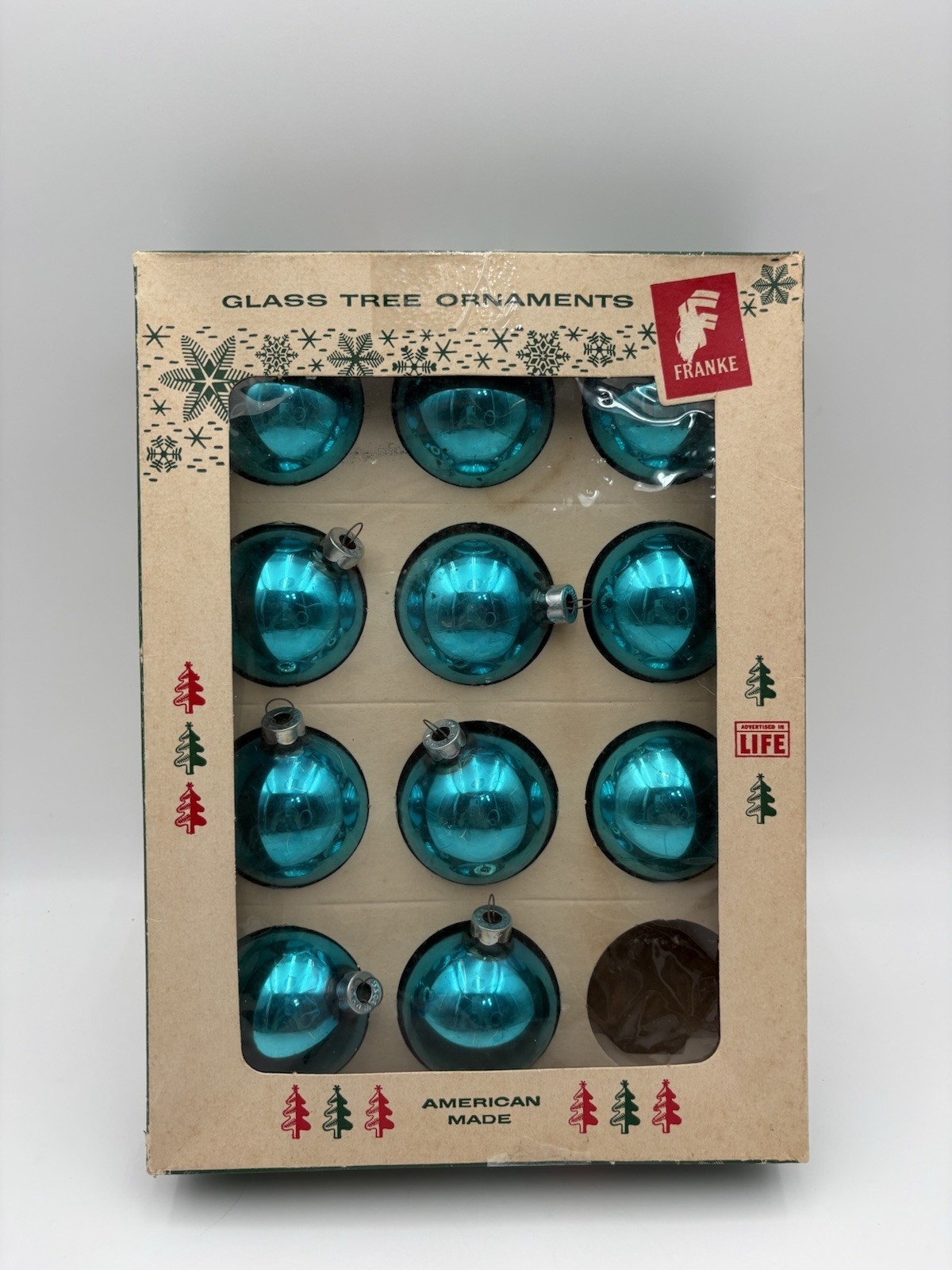 Vintage Franke Glass Christmas Ornaments, Boxed Dozen, Teal Blue