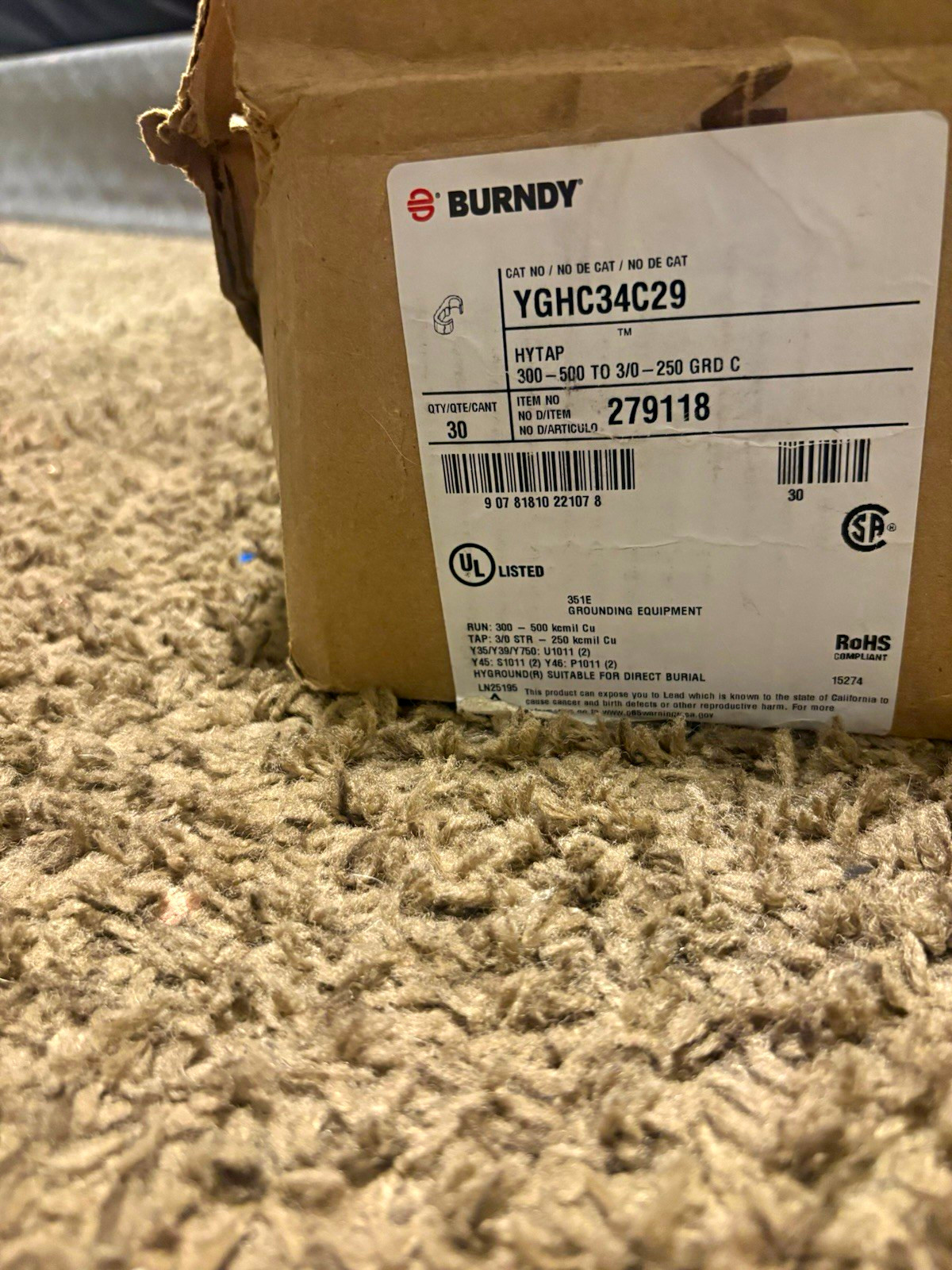BURNDY HYTAP YGHC34C29 Copper Ground Connector Crimp 300-500 kcmil