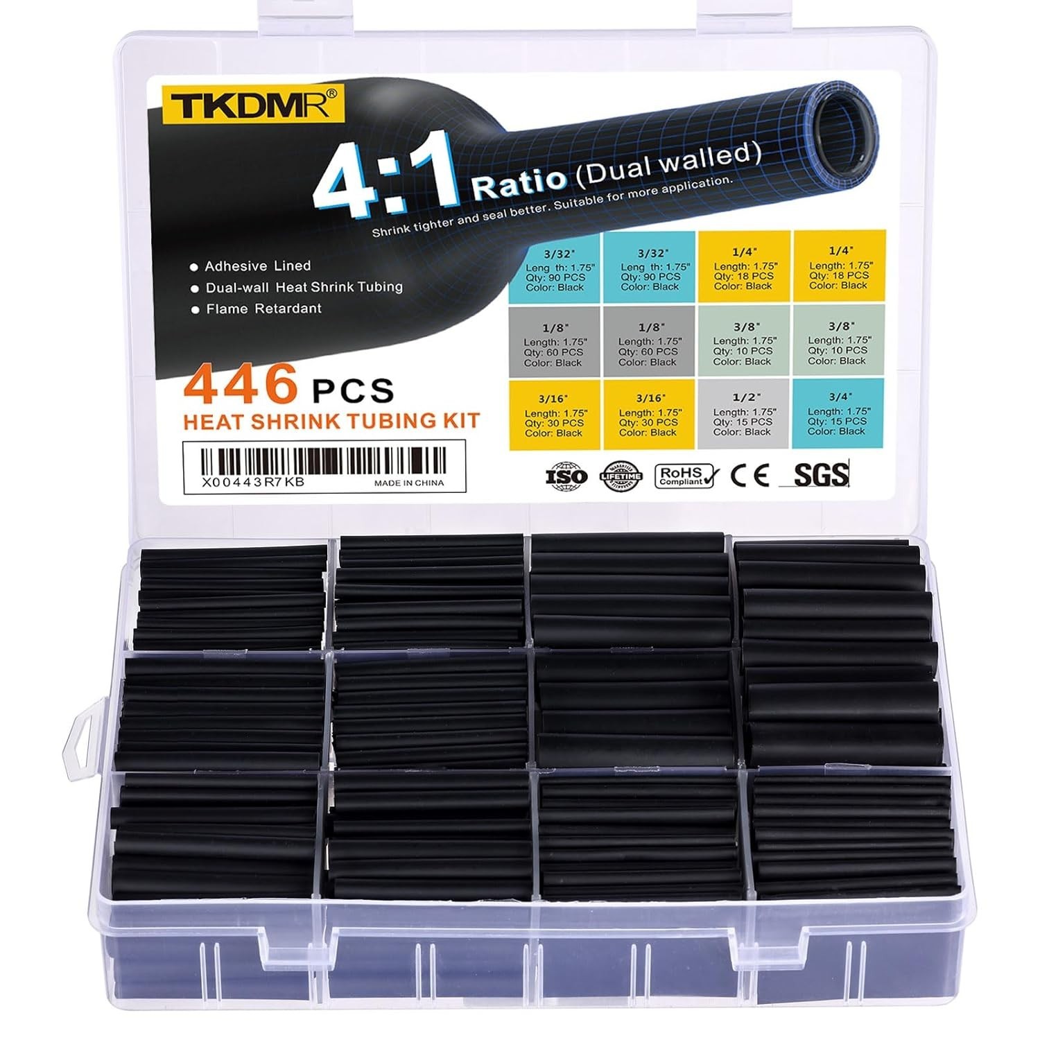 446 Pcs Heat Shrink Tubing Kit-3:1/4:1 Ratio Adhesive Lined Marine Grade Shrink