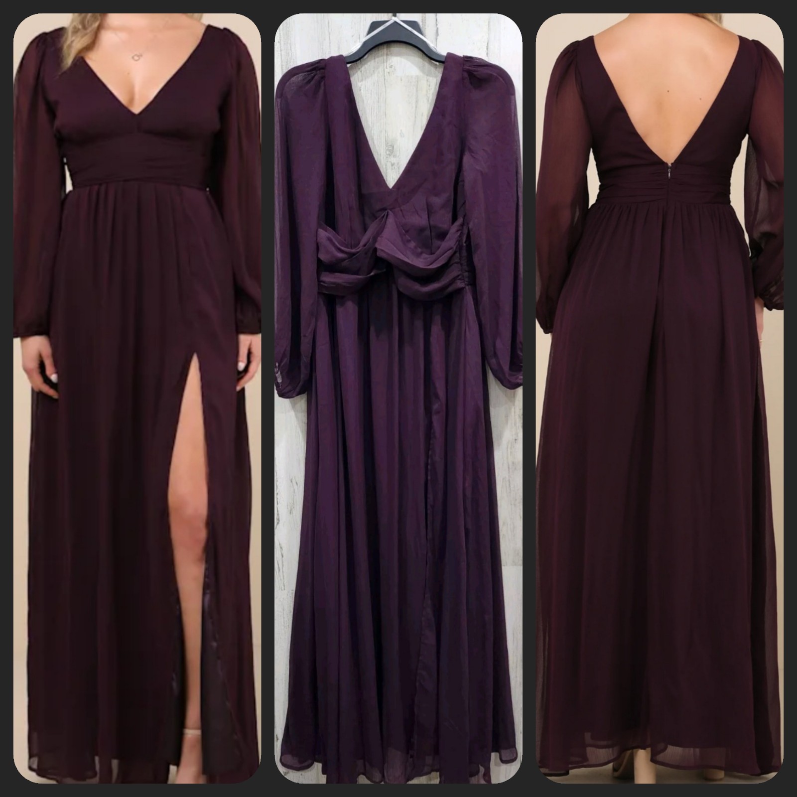 LULUS Enchant My Love Dark Purple V Neck Long Sleeve Maxi Dress Size XL**NEW**
