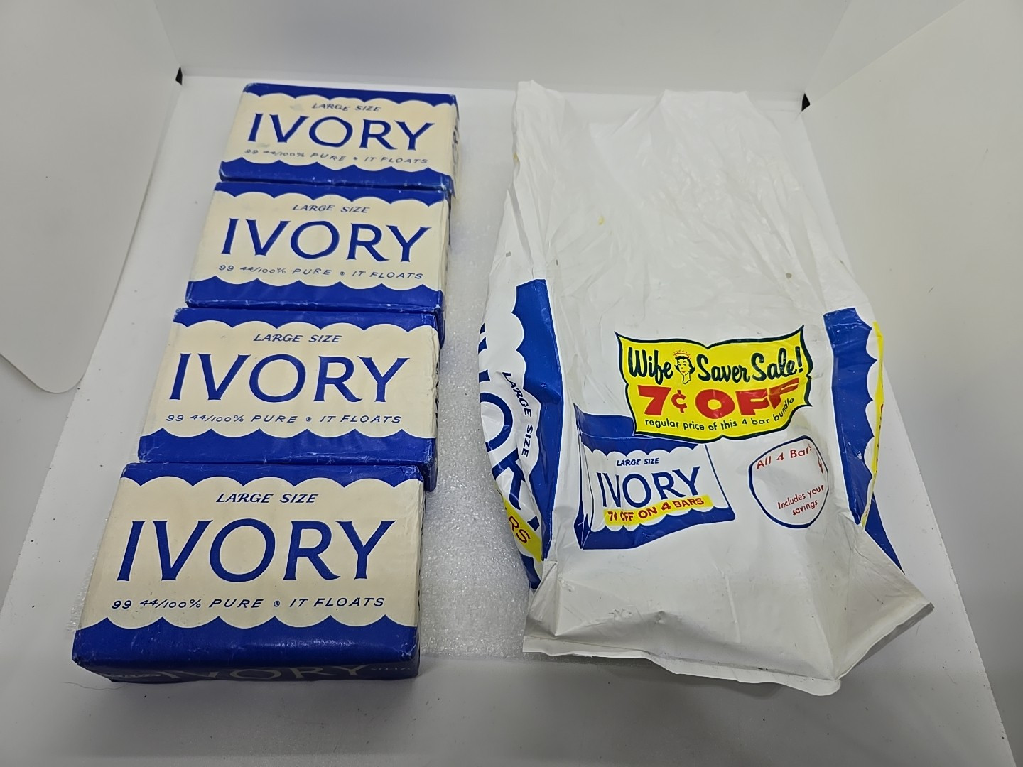 HTF Vtg 1940's 4 Ivory Large Size Bar Soap in 7 Cent Off Wife Saver Sale Bag NOS
