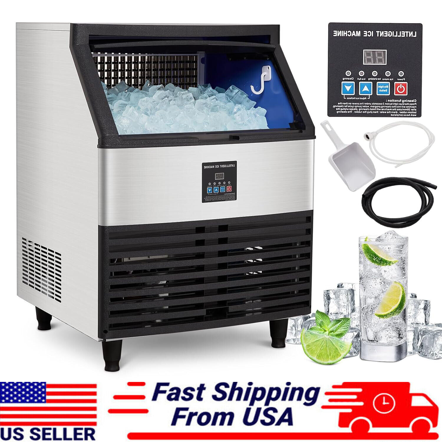 440LBS/24H Built-In Commercial Ice Maker Ice Cube Machine Undercounter Stainless