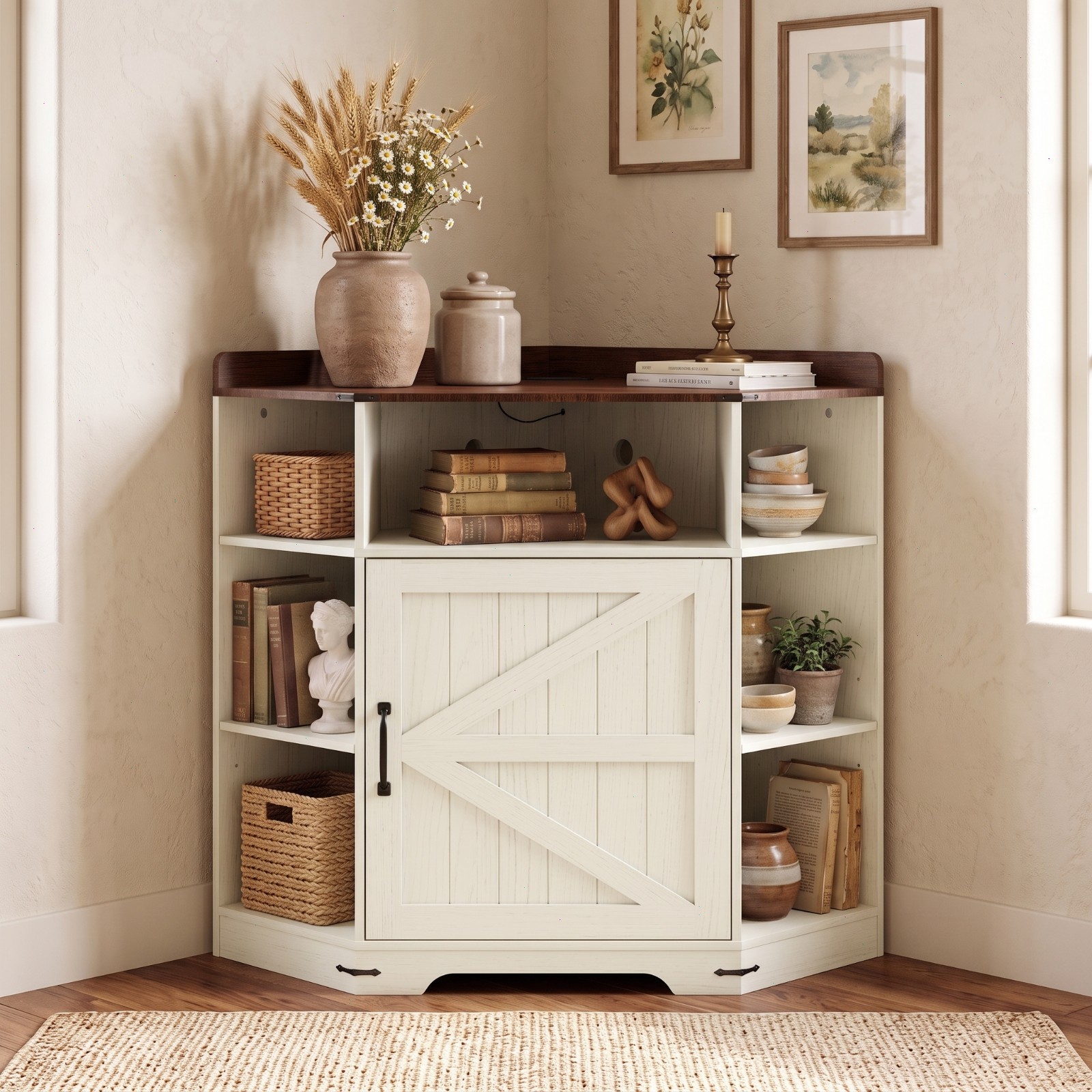 Corner Cabinet Storage Shelf with USB Charging Station Wooden Bookshelf for Home