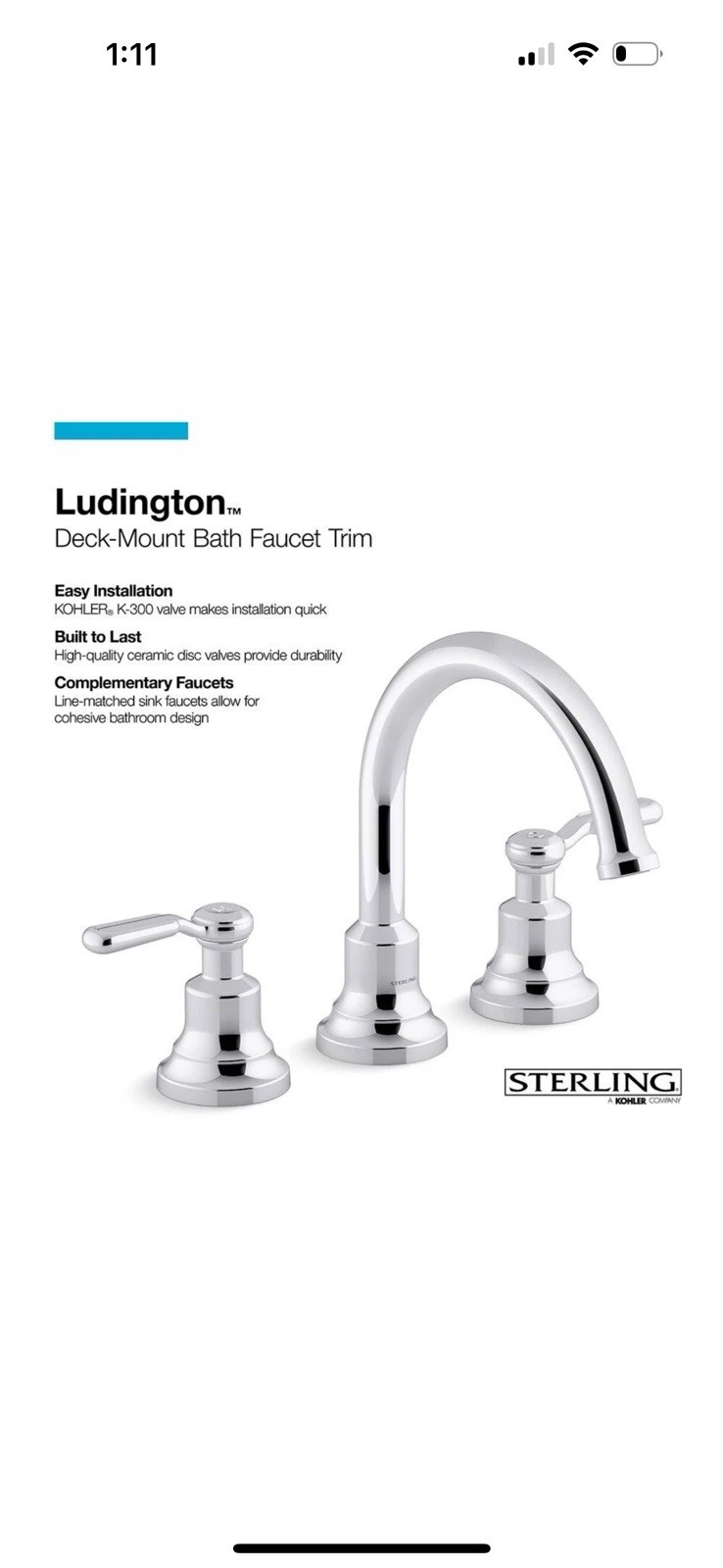 KOHLER Sterling T29364-4-CP Ludington Bathtub Faucet Set Chrome New TRIM ONLY KOHLER Sterling T29364-4-CP Ludington Bathtub Faucet Set Chrome New TRIM ONLY